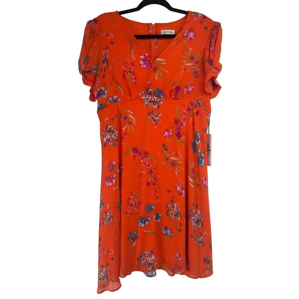 Calvin Klein Orange Floral Chiffon Flutter Sleeve Dress Size 14 Brunch Office